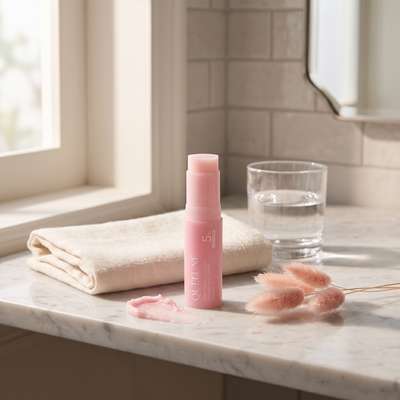 The balm on a marble bathroom shelf in morning light