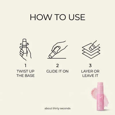 How to use the balm in three steps: twist up the base, glide it on, layer or leave it
