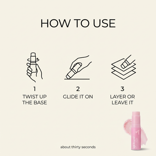 How to use the balm in three steps: twist up the base, glide it on, layer or leave it